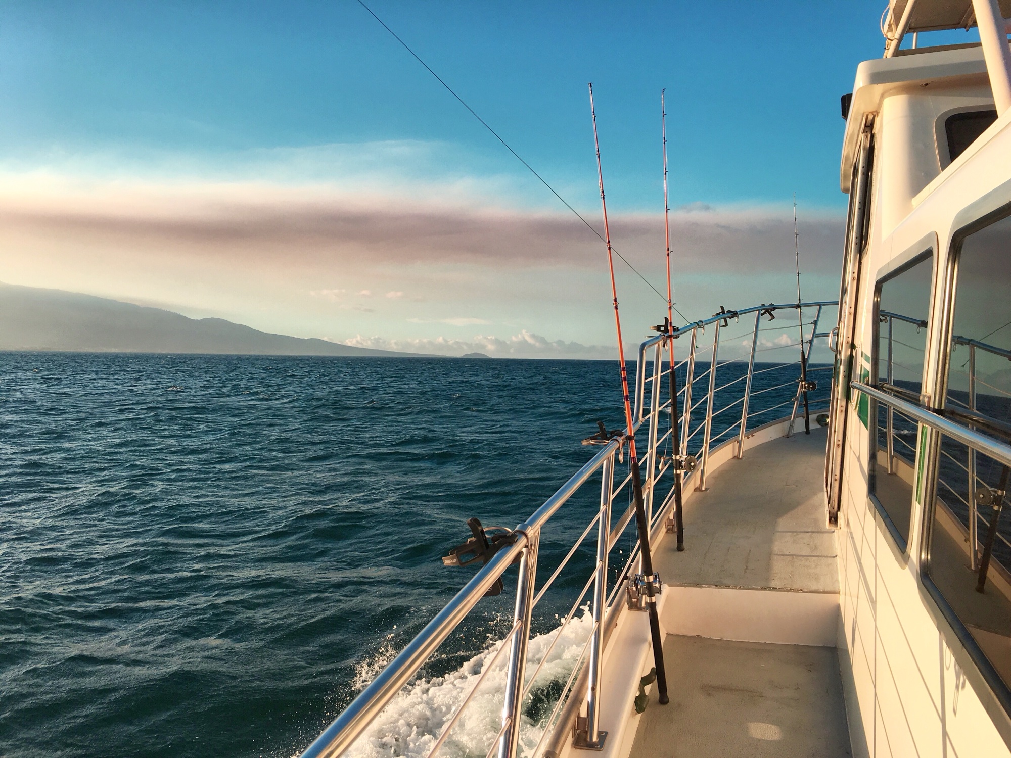 Fishing rods lined up along the railing of a charter boat at dawn, calm ocean stretching to distant mountains